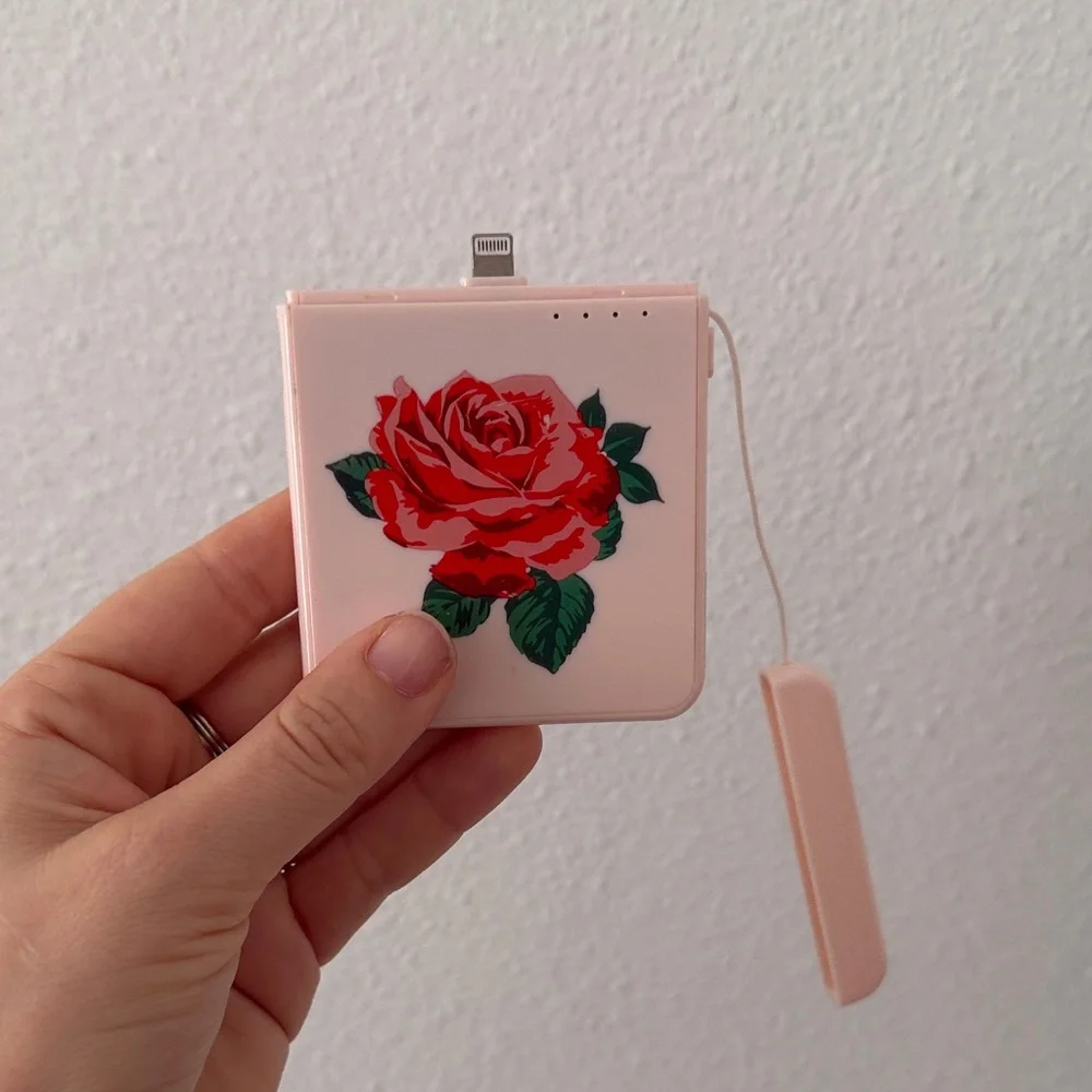 Pink portable charger with Red Rose Design